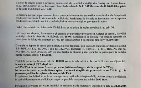 Licitație publică pentru vânzarea imobilului „Ștrand” din Buziaș