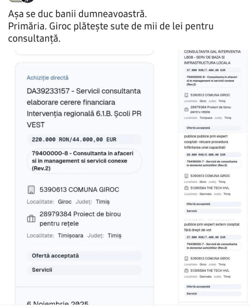 Primăria Giroc: cheltuielile pentru consultanță în proiecte sunt acoperite de finanțare