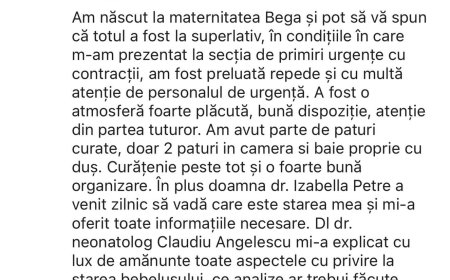 MATERNITATEA BEGA PRIMEȘTE APRECIERI