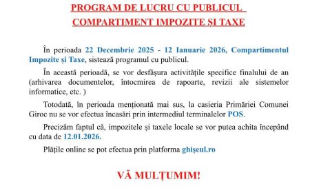 Programul Compartimentului Impozite și Taxe, suspendat temporar