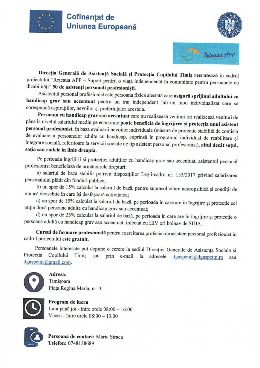DGASPC Timiș recrutează asistenți personali profesioniști