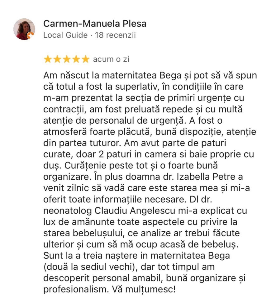 MATERNITATEA BEGA PRIMEȘTE APRECIERI