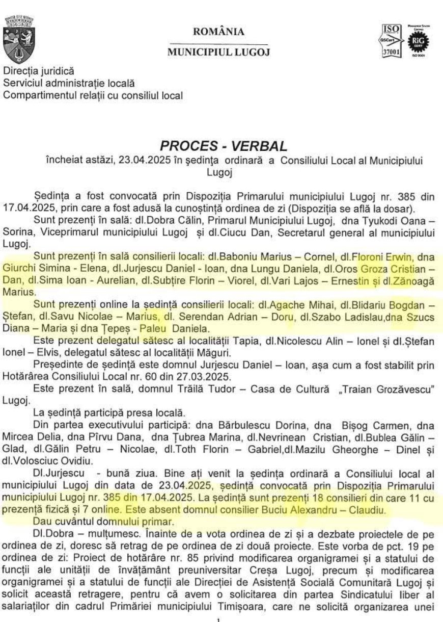 ÎNCĂLCARE GRAVĂ A LEGII ÎN CONSILIUL LOCAL LUGOJ?