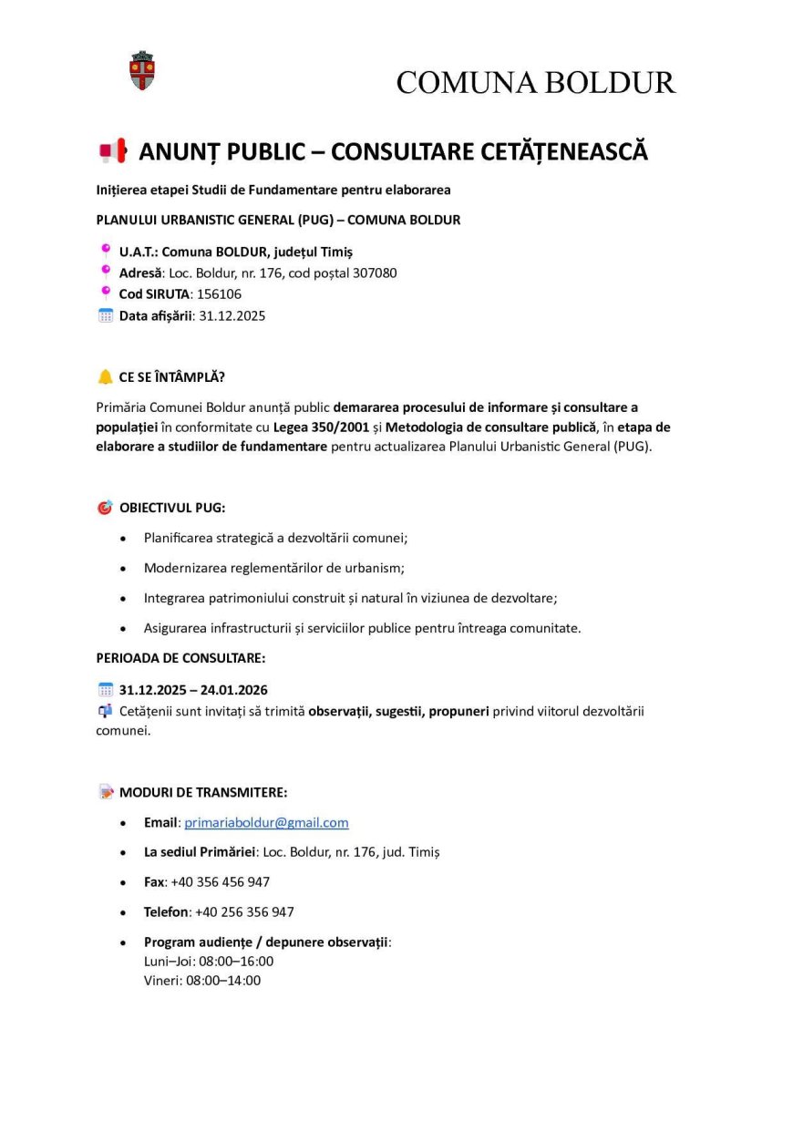 COMUNA BOLDUR DEMAREAZĂ CONSULTAREA PUBLICĂ PENTRU ACTUALIZAREA PLANULUI URBANISTIC GENERAL