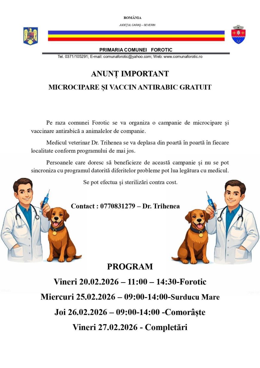 MICROCIPARE ȘI VACCINARE ANTIRABICĂ GRATUITĂ ÎN COMUNA FOROTIC
