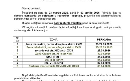 Primăria Șag demarează campania de colectare a resturilor vegetale