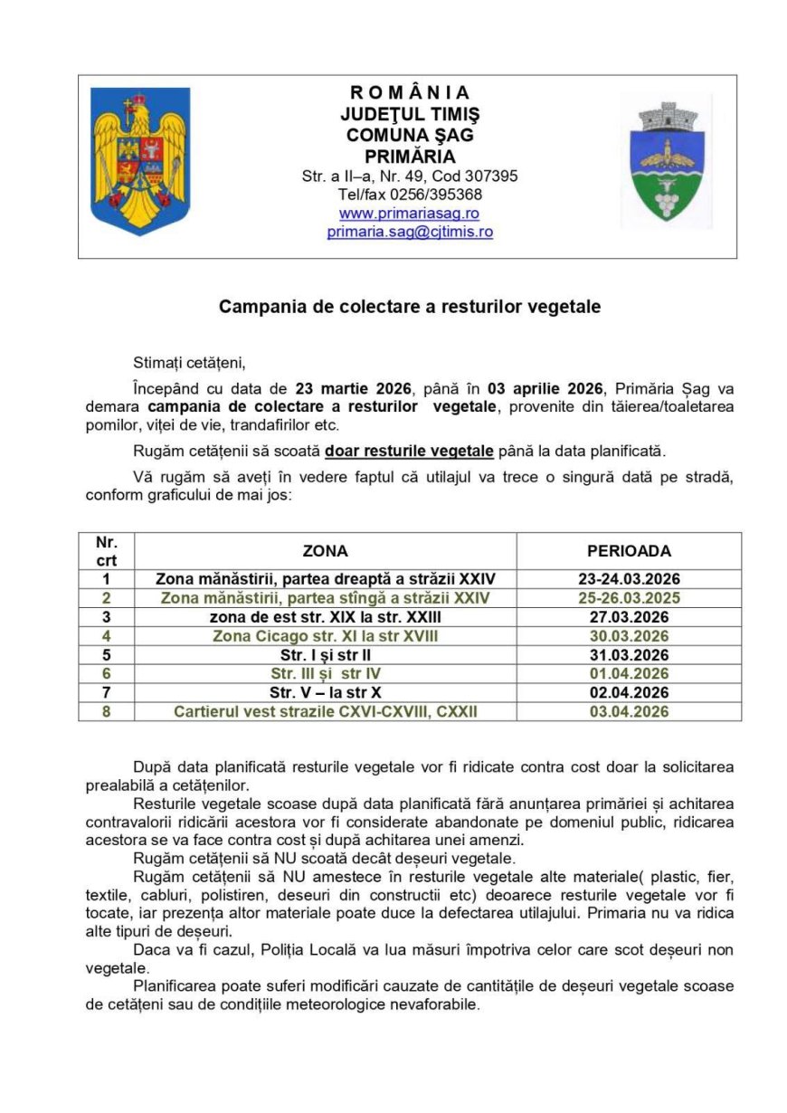 Primăria Șag demarează campania de colectare a resturilor vegetale