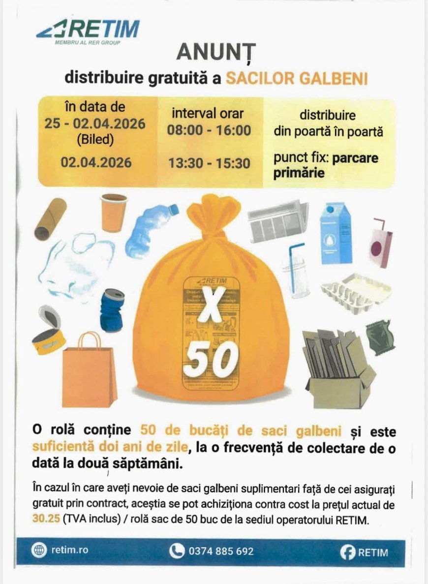 Distribuirea sacilor galbeni pentru reciclare, la Biled