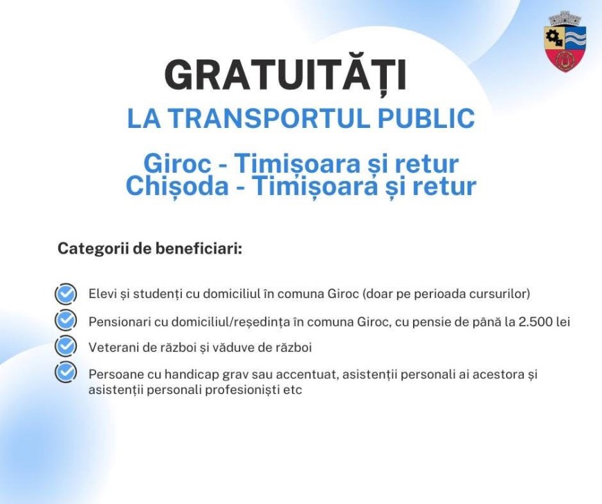 Transport public gratuit pentru mai multe categorii de locuitori din Giroc