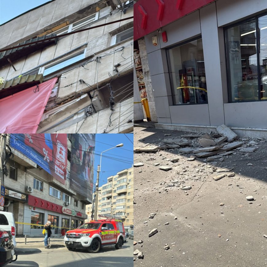 Plăci de beton, căzute de pe bloc. Fritz acuză firmele de publicitate