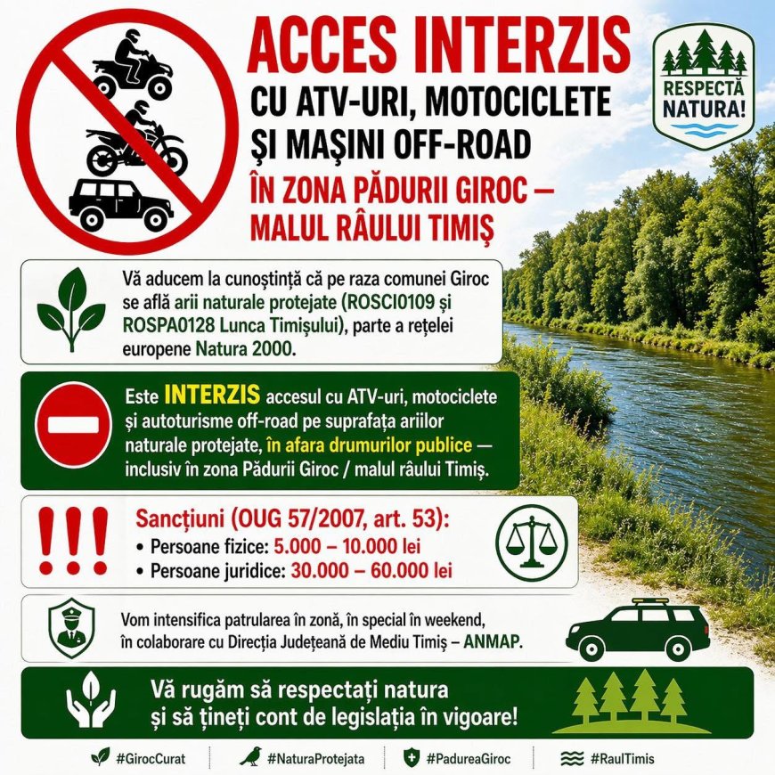Acces interzis cu vehicule off-road în zona Pădurii Giroc și malul Timișului