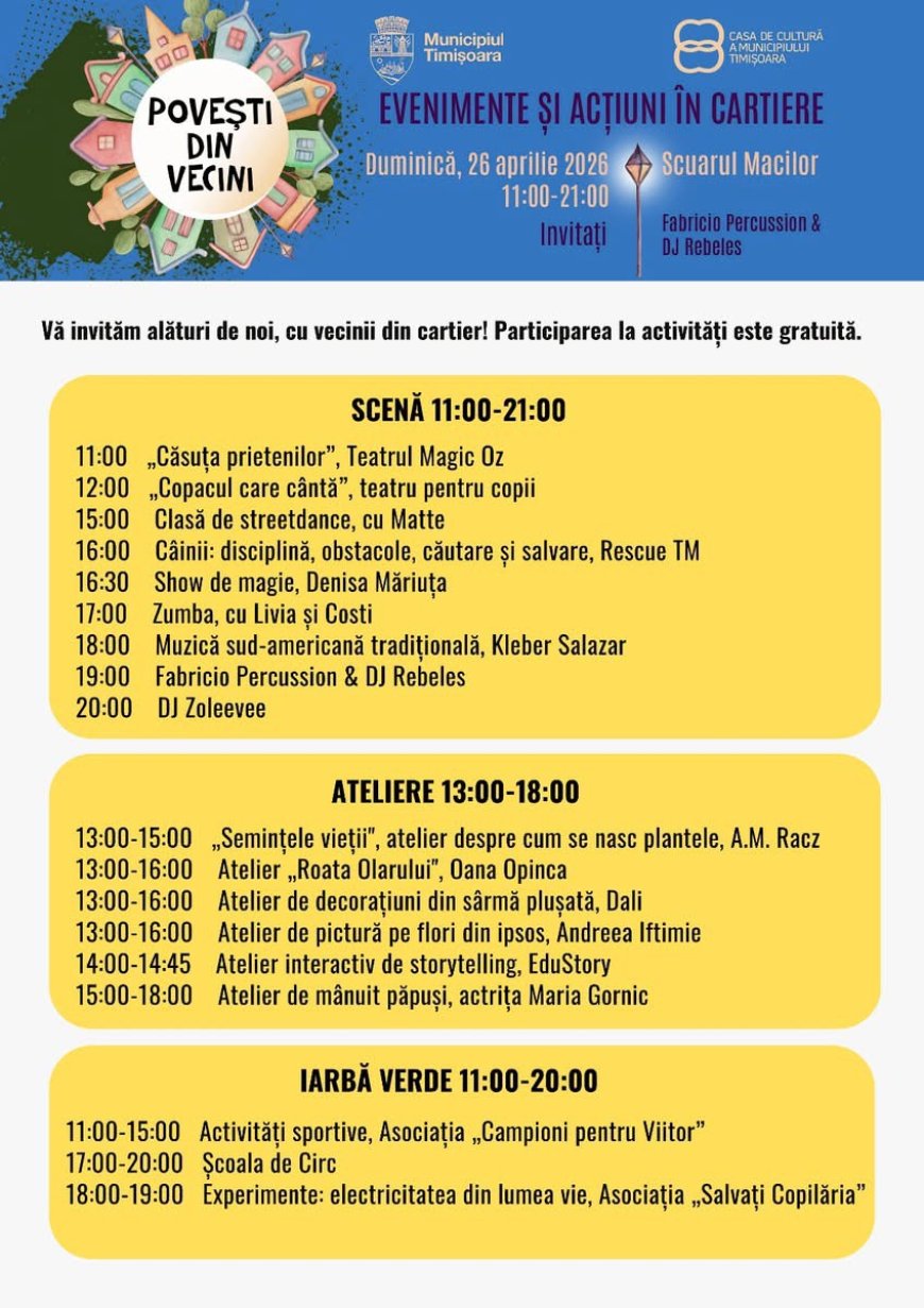 Primăria Timișoara anunță revenirea proiectului „Povești din Vecini” în cartierele orașului