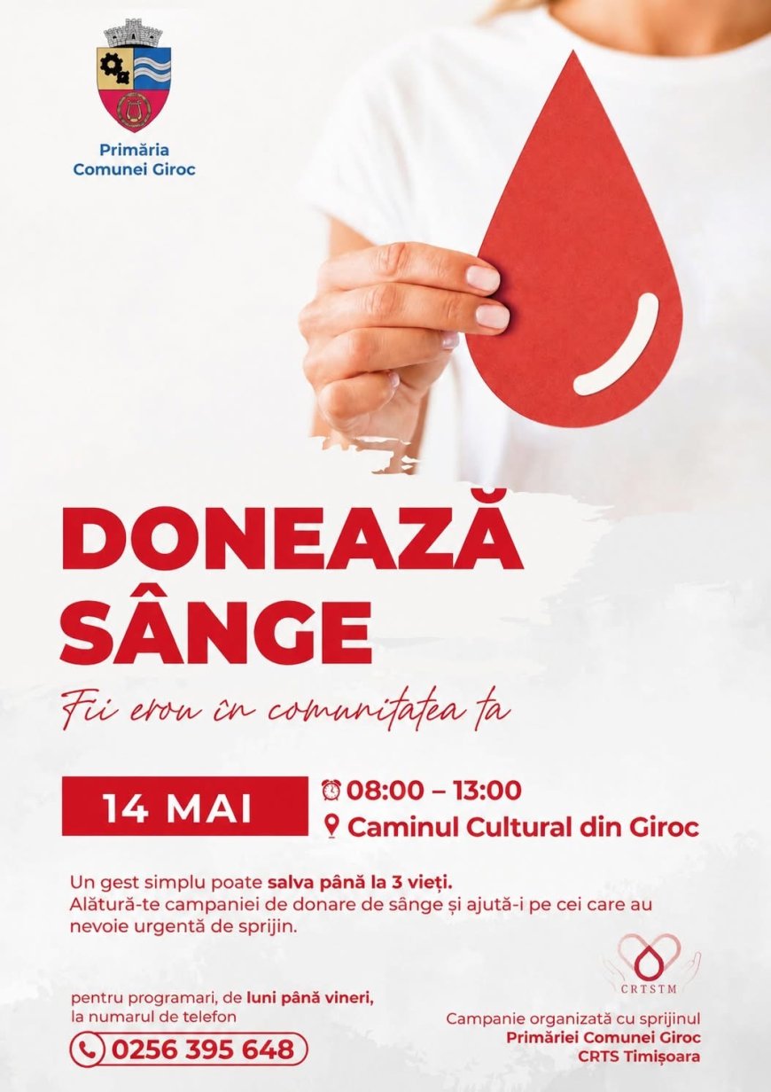Campanie de donare de sânge la Giroc pe 14 mai
