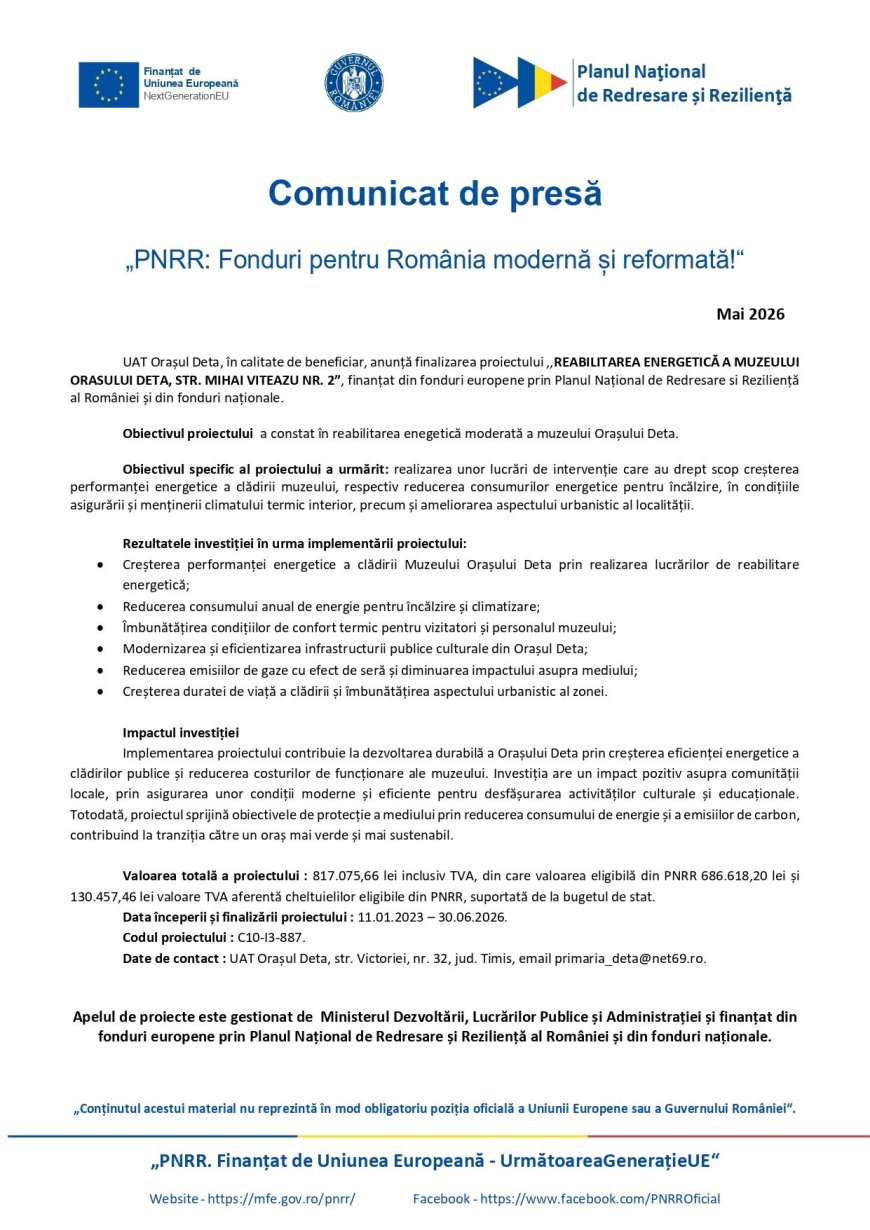 Deta a finalizat proiectul de reabilitare energetică a Muzeului Orașului