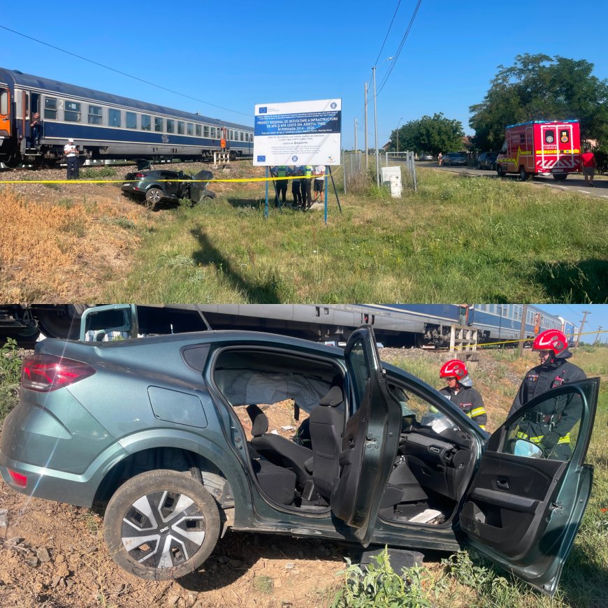 Mașină lovită de tren! Femeia de la volan, în stare gravă
