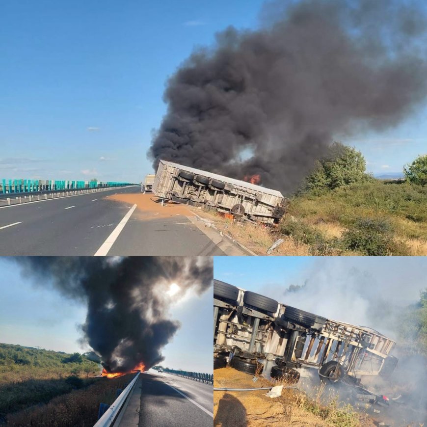 Autotren încărcat cu peleți, cuprins de flăcări