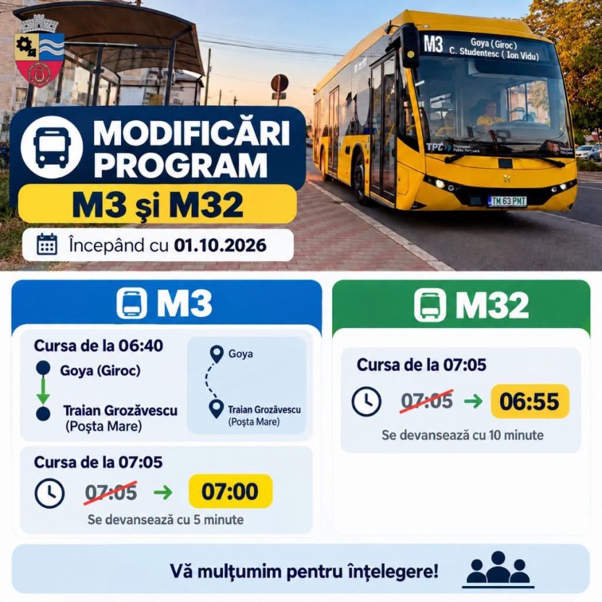 M3 și M32 își schimbă programul de circulație, de la 1 octombrie